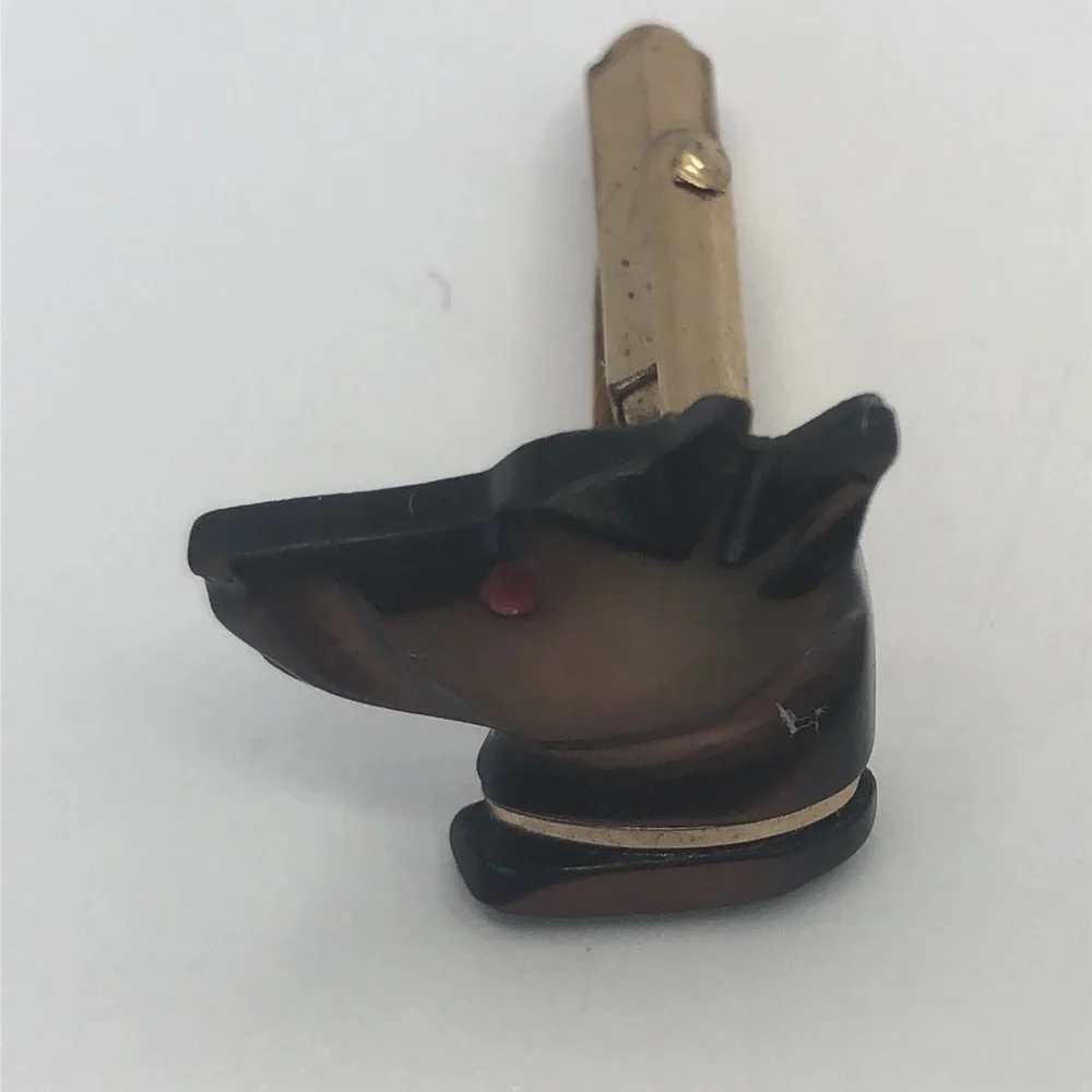 Mid century Mother of pearl dog head Cufflinks & Tie Bar VTG
